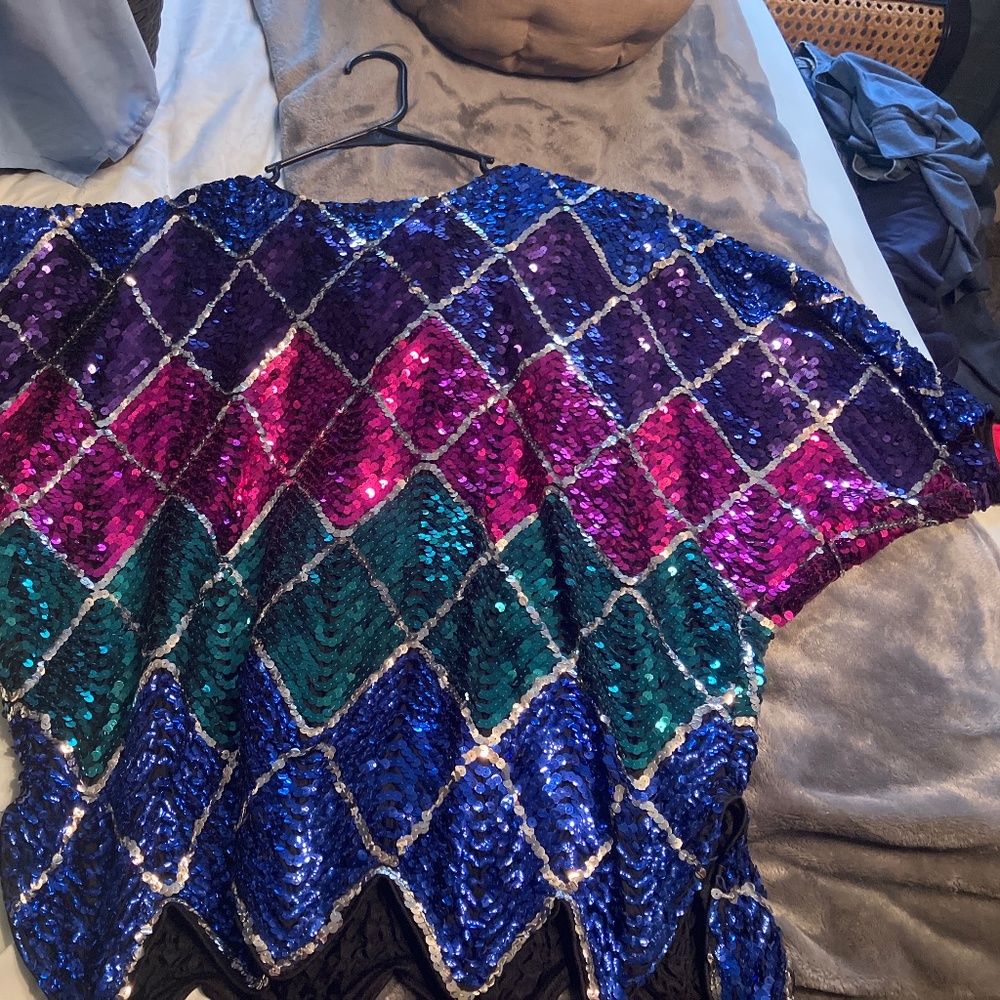 Blue purple pink and green sequin plaid blouse